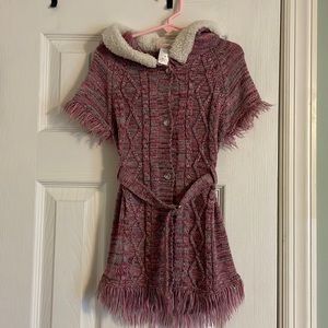 Hooded, fringed, belted knit cardigan
